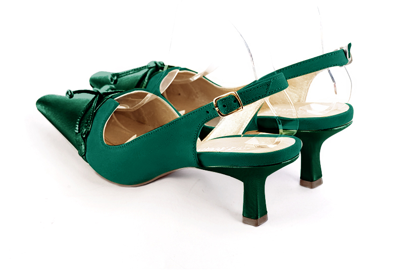 Emerald green women's open back shoes, with a knot. Tapered toe. Medium spool heels. Rear view - Florence KOOIJMAN